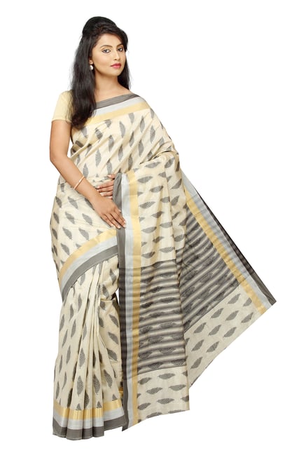 Pavecha's Beige Printed Taffeta Saree Pavecha's Beige Printed Taffeta Saree