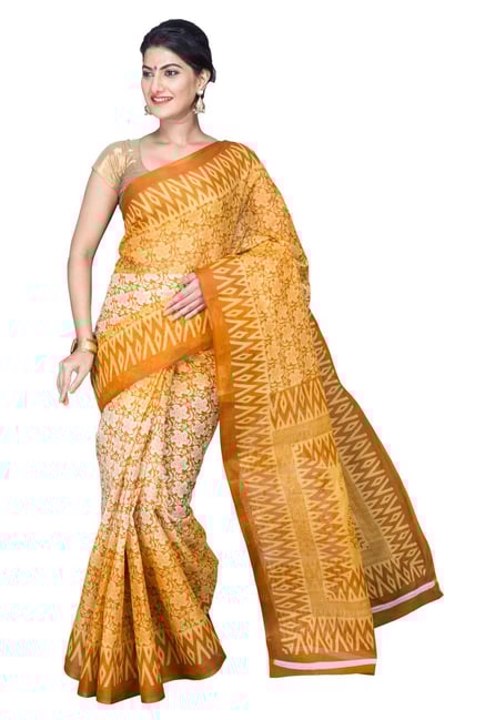 Pavecha's Yellow Printed Cotton Polyblend Mangalagiri Saree Pavecha's Yellow Printed Cotton Polyblend Mangalagiri Saree