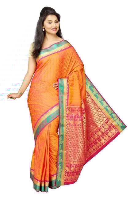 Pavecha's Orange Printed Silk Kanjivaram Saree Pavecha's Orange Printed Silk Kanjivaram Saree