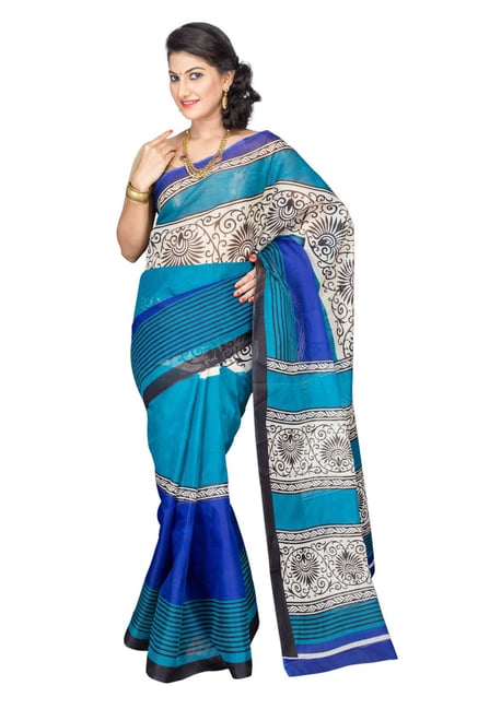 Pavecha's Blue & White Cotton Polyblend Mangalagiri Saree Pavecha's Blue & White Cotton Polyblend Mangalagiri Saree