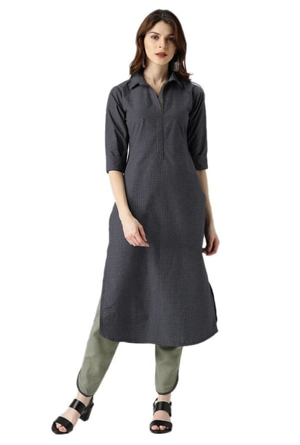 Libas Navy & Olive Checks Kurta With Trousers Libas Navy & Olive Checks Kurta With Trousers