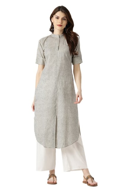 Libas Grey Striped Cotton Pathani Kurta Libas Grey Striped Cotton Pathani Kurta