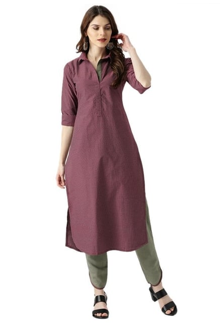Libas Maroon & Olive Checks Kurta With Trousers Libas Maroon & Olive Checks Kurta With Trousers