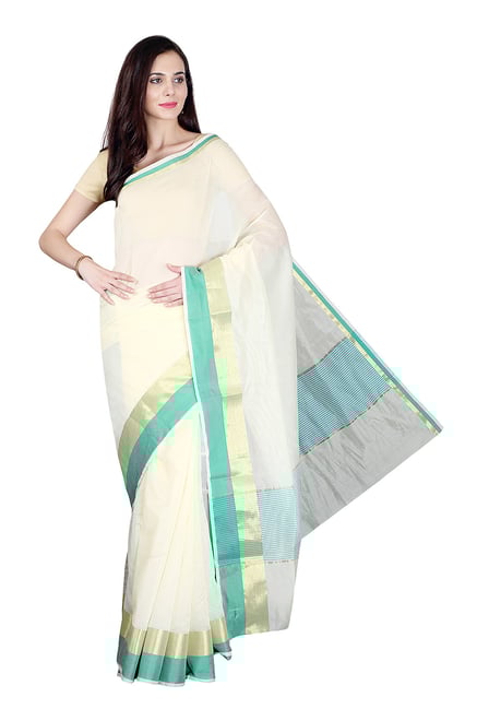 Pavecha's Beige & Green Cotton Silk Banarasi Saree Pavecha's Beige & Green Cotton Silk Banarasi Saree