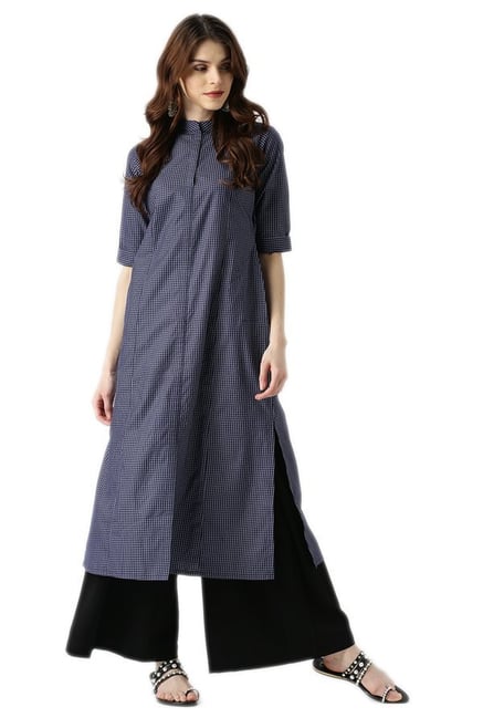 Libas Navy Checks Polyester A-Line Kurta Libas Navy Checks Polyester A-Line Kurta