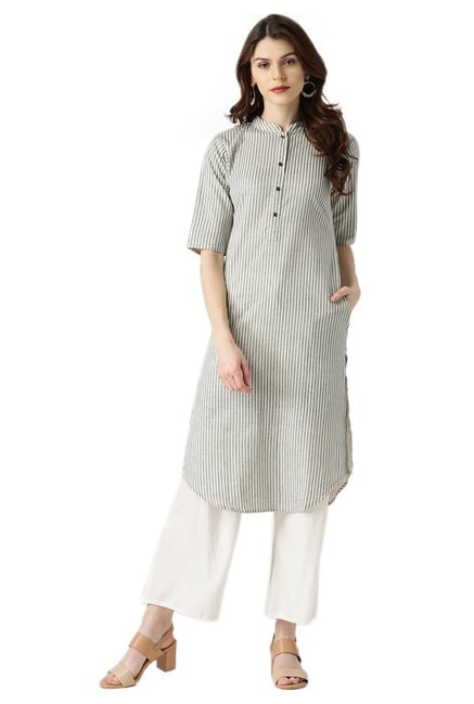 Libas Beige Striped Cotton Straight Kurta Libas Beige Striped Cotton Straight Kurta