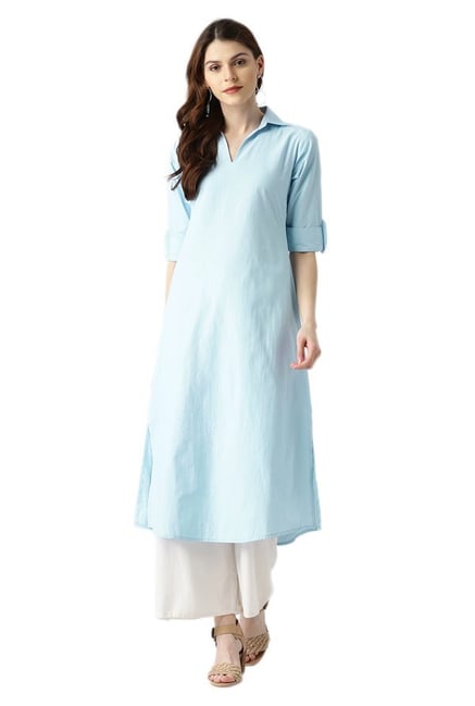 Libas Blue Striped Cotton A-Line Kurta Libas Blue Striped Cotton A-Line Kurta