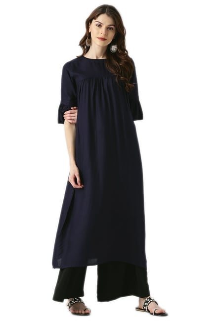 Libas Navy Regular Fit Rayon Viscose A-Line Kurta Libas Navy Regular Fit Rayon Viscose A-Line Kurta