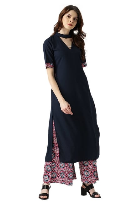Libas Navy & Pink Regular Fit Kurta With Palazzo Libas Navy & Pink Regular Fit Kurta With Palazzo
