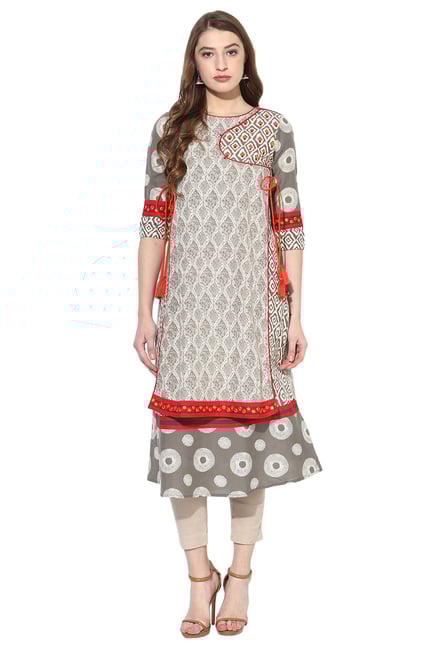 Juniper Beige Printed Cotton Angrakha Kurta Juniper Beige Printed Cotton Angrakha Kurta