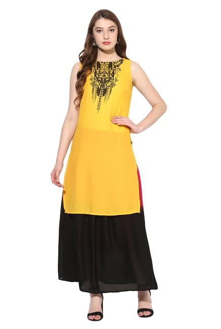 Juniper Yellow Printed Georgette High Low Kurta Juniper Yellow Printed Georgette High Low Kurta