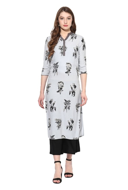 Juniper Grey Floral Print Rayon Kurta Juniper Grey Floral Print Rayon Kurta