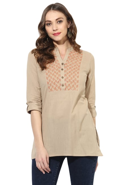 Juniper Brown Embroidered Cotton A-Line Kurti Juniper Brown Embroidered Cotton A-Line Kurti
