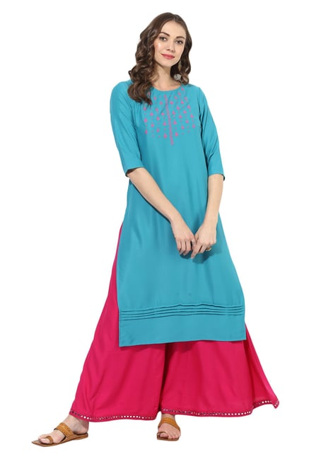 Juniper Turquoise American Crepe Straight Kurta Juniper Turquoise American Crepe Straight Kurta
