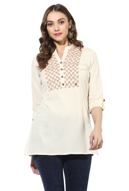 Juniper Off White Embroidered Cotton A-Line Kurti Juniper Off White Embroidered Cotton A-Line Kurti