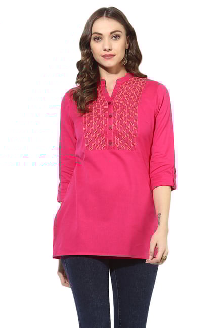 Juniper Pink Embroidered Cotton A-Line Kurti Juniper Pink Embroidered Cotton A-Line Kurti