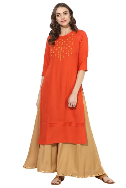 Juniper Orange Printed Rayon Viscose Straight Kurta Juniper Orange Printed Rayon Viscose Straight Kurta