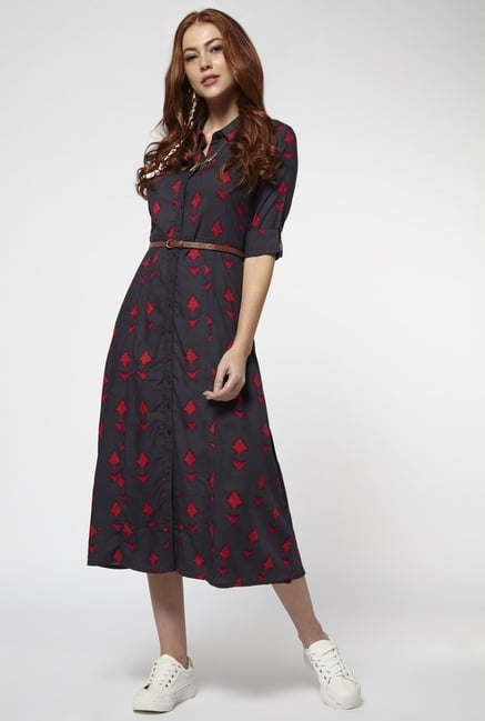 Bombay Paisley by Westside Dark Grey Dress with Belt Bombay Paisley by Westside Dark Grey Dress with Belt