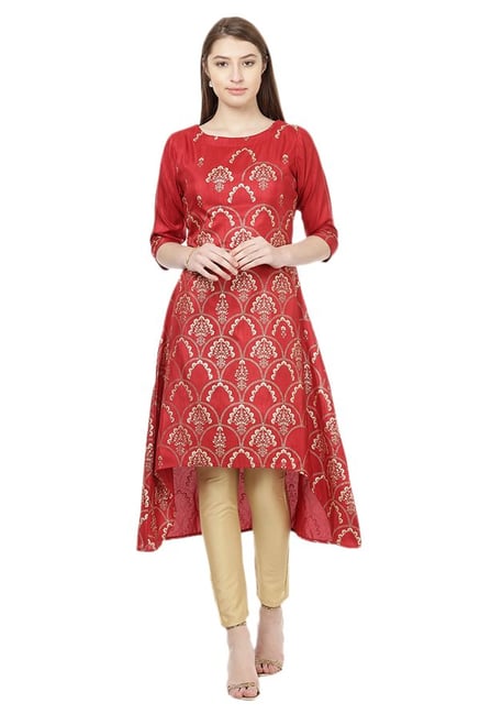 Ziyaa Red Printed Poly Silk Kurta Ziyaa Red Printed Poly Silk Kurta