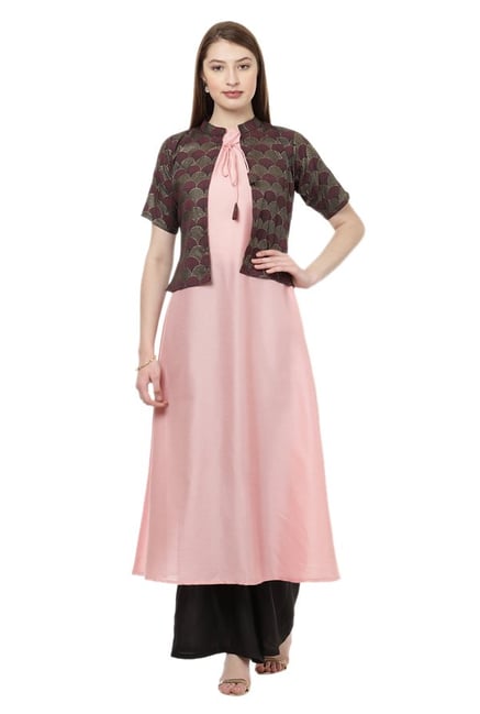 Ziyaa Pink Printed Poly Silk Flared Kurta With Jacket Ziyaa Pink Printed Poly Silk Flared Kurta With Jacket
