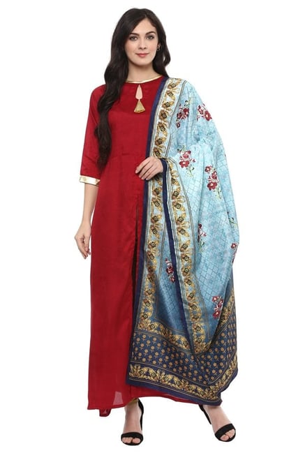Ziyaa Maroon & Blue Poly Silk Kurta With Dupatta Ziyaa Maroon & Blue Poly Silk Kurta With Dupatta