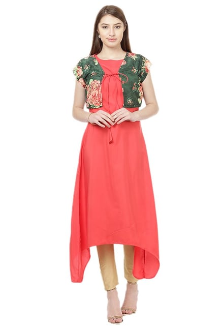 Ziyaa Peach & Green Crepe Kurta With Jacket Ziyaa Peach & Green Crepe Kurta With Jacket