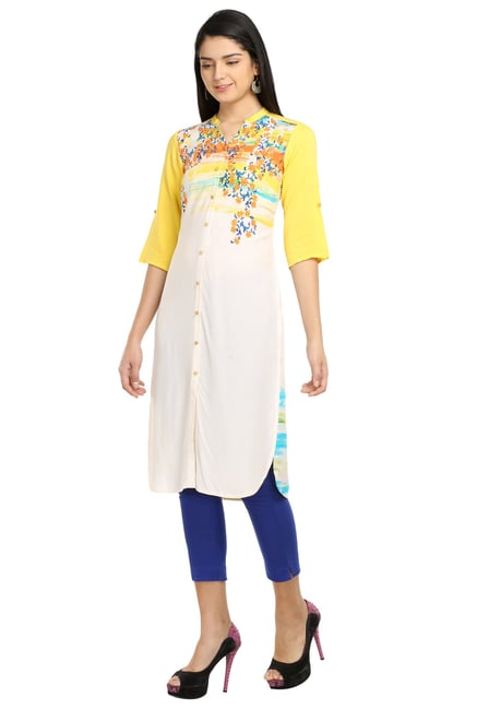 Aurelia & Off White Yellow Printed Viscose Kurta Aurelia & Off White Yellow Printed Viscose Kurta