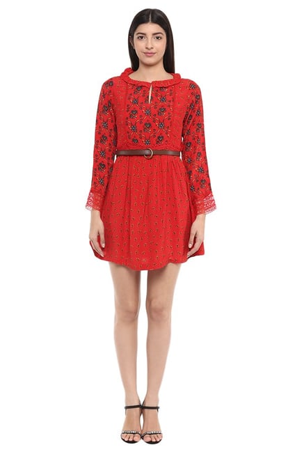 Label Ritu Kumar Red Printed Above Knee Dress Label Ritu Kumar Red Printed Above Knee Dress