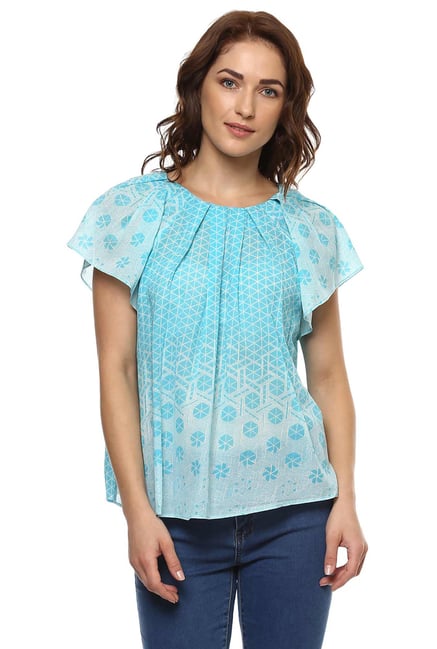 Label Ritu Kumar Turquoise Printed Top Label Ritu Kumar Turquoise Printed Top