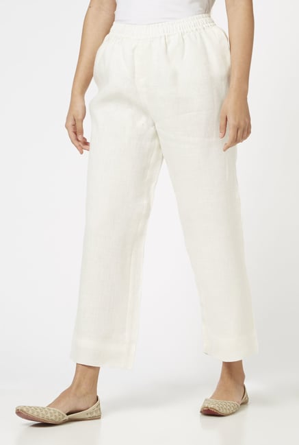 Zuba by Westside Off White Pure Linen Palazzos Zuba by Westside Off White Pure Linen Palazzos