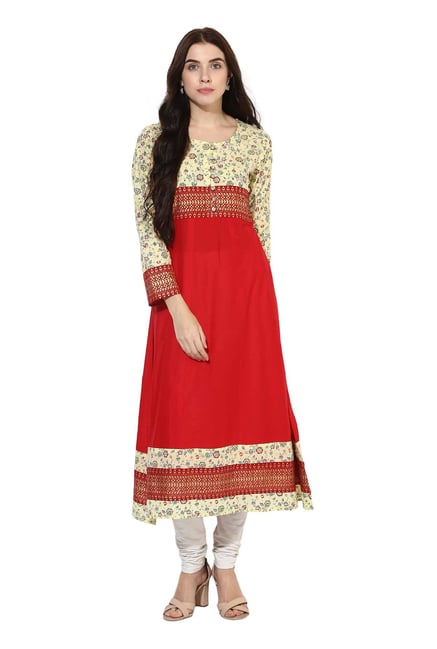 Mytri Red & Yellow Printed Anarkali Kurta Mytri Red & Yellow Printed Anarkali Kurta
