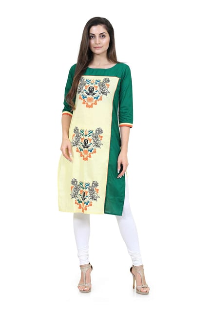 Mytri Yellow & Green Printed Straight Kurta Mytri Yellow & Green Printed Straight Kurta