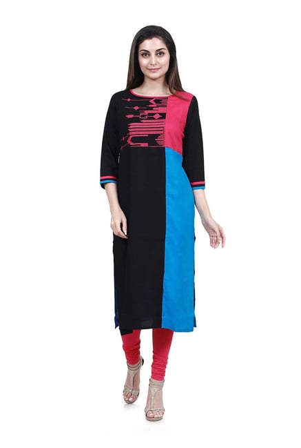 Mytri Black & Blue Embroidered Straight Kurta Mytri Black & Blue Embroidered Straight Kurta