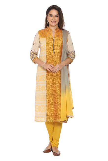 Soch Mustard Printed Chanderi Kurta With Churidar Soch Mustard Printed Chanderi Kurta With Churidar