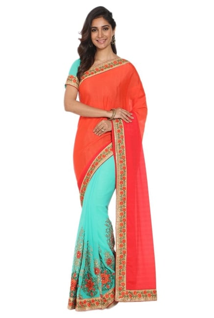 Soch Blue & Red Embroidered Georgette Half & Half Saree Soch Blue & Red Embroidered Georgette Half & Half Saree