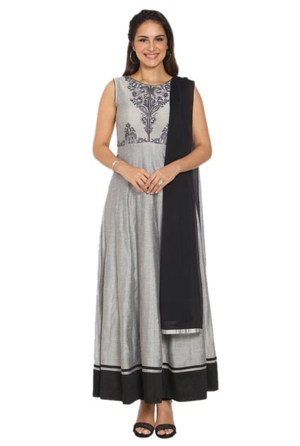 Soch Grey Chanderi Anarkali Kurta With Churidar Soch Grey Chanderi Anarkali Kurta With Churidar