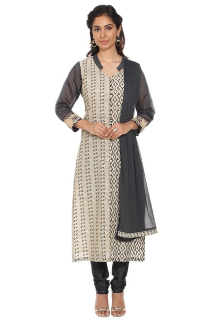 Soch Beige & Grey Printed Chanderi Kurta With Churidar Soch Beige & Grey Printed Chanderi Kurta With Churidar