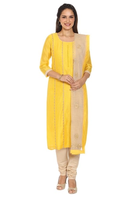 Soch Yellow & Beige Chanderi Kurta With Churidar Soch Yellow & Beige Chanderi Kurta With Churidar