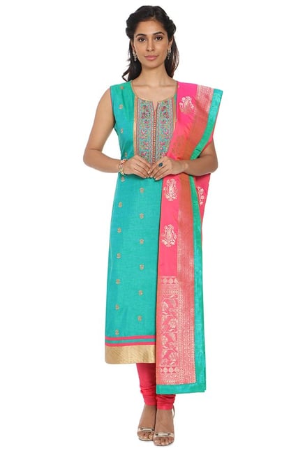 Soch Green & Pink Chanderi Kurta With Churidar Soch Green & Pink Chanderi Kurta With Churidar