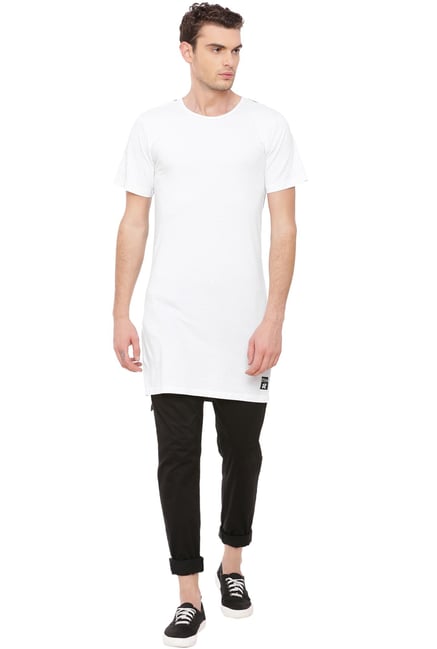 Kultprit White & Grey Half Sleeves Longline T-Shirt Kultprit White & Grey Half Sleeves Longline T-Shirt