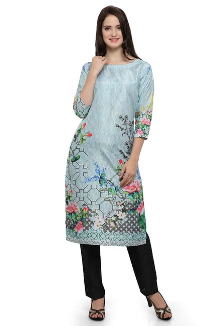 Ahalyaa Sky Blue Floral Print Poly Silk Kurta Ahalyaa Sky Blue Floral Print Poly Silk Kurta