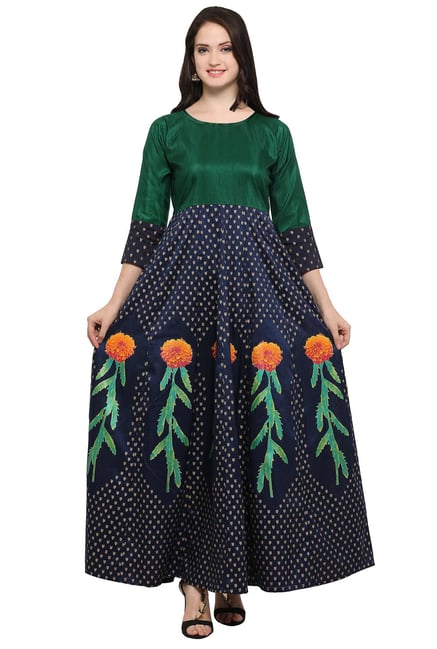 Ahalyaa Green & Navy Printed Poly Silk Anarkali Kurta Ahalyaa Green & Navy Printed Poly Silk Anarkali Kurta