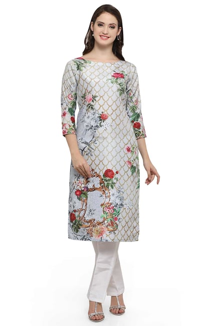 Ahalyaa Off White Floral Print Poly Silk Kurta Ahalyaa Off White Floral Print Poly Silk Kurta