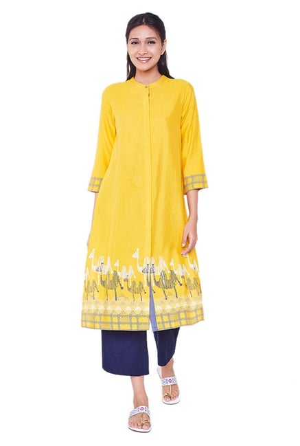 Global Desi Mustard Printed Rayon Viscose Kurta Global Desi Mustard Printed Rayon Viscose Kurta