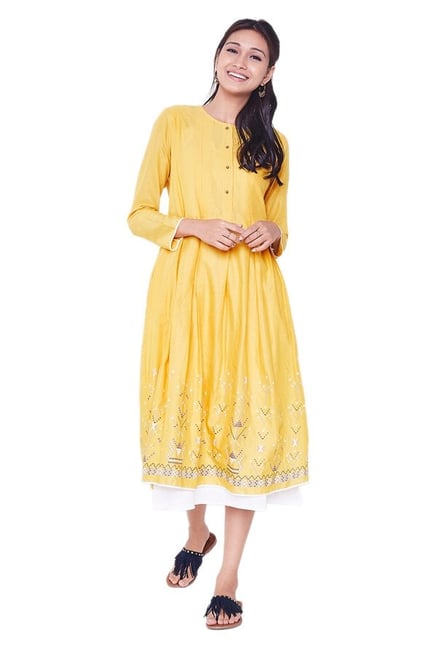 Global Desi Mustard Printed Cotton Kurta Global Desi Mustard Printed Cotton Kurta