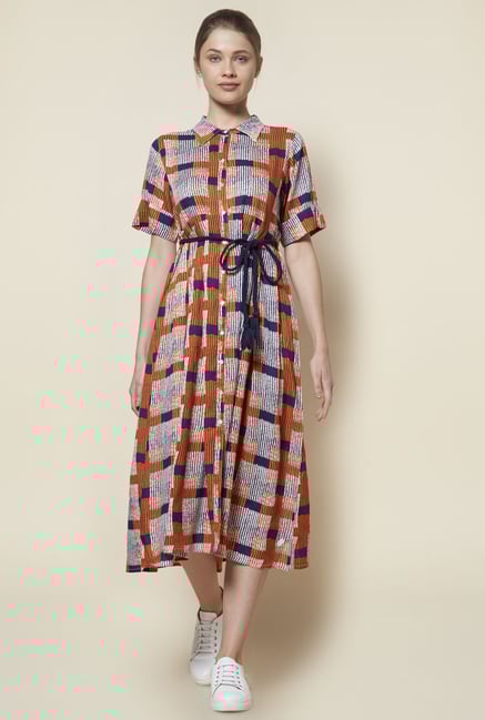 Zudio Orange Checked Slim Fit Shirt Dress Zudio Orange Checked Slim Fit Shirt Dress