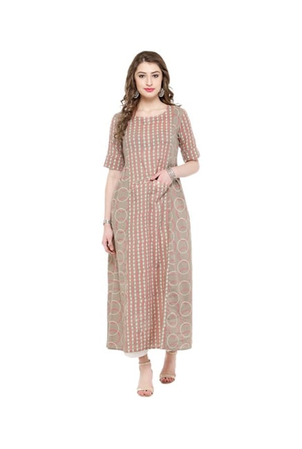 Varanga Taupe Printed Cotton Kurta Varanga Taupe Printed Cotton Kurta