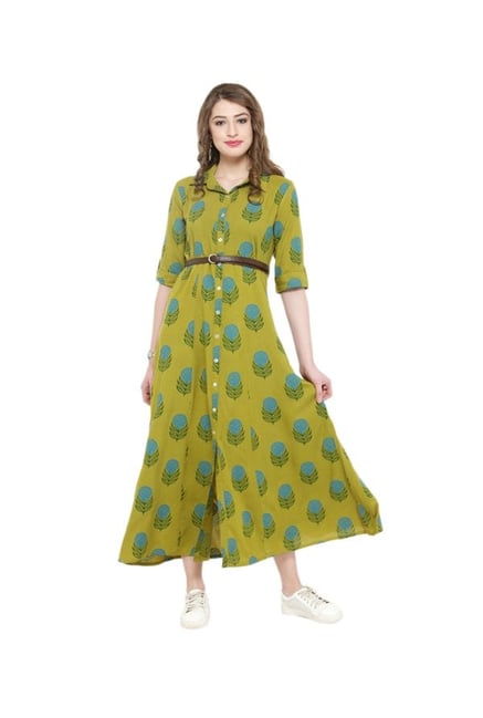 Varanga Green Printed Shirt Dress With Belt Varanga Green Printed Shirt Dress With Belt