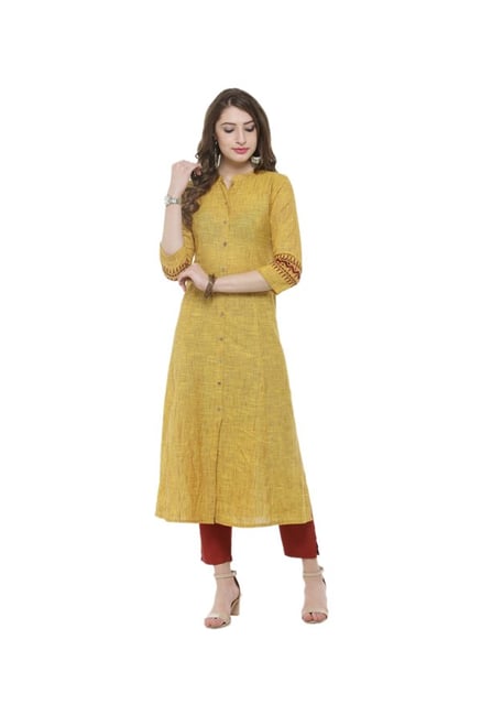 Varanga Mustard Textured Cotton Kurta Varanga Mustard Textured Cotton Kurta