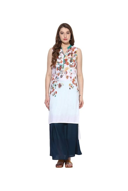 Juniper White & Navy Floral Rayon Kurta With Long Skirt Juniper White & Navy Floral Rayon Kurta With Long Skirt